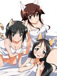  animal_ears bed black_eyes black_hair breasts brown_eyes brown_hair cleavage fox_ears glasses highres lap_pillow long_hair looking_at_viewer medium_breasts multiple_girls nakajima_nishiki nightgown open_mouth shiny shiny_skin short_hair smile suwa_amaki tail takei_junko tokiani world_witches_series 