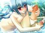  1girl 4:3 blue_hair blush breasts chouun game_cg katagiri_hinata koihime_musou nipples nude penis red_eyes uncensored water wet 