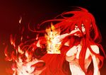  blood fire fur gime hair_censor hair_over_breasts long_hair no_bra red_hair shut_hell shut_hell_(character) sign solo symbol 