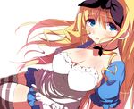  alternate_costume ariaridoradora blonde_hair blush breasts cecilia_alcott cleavage hair_ribbon infinite_stratos large_breasts long_hair ribbon simple_background solo striped striped_legwear thighhighs white_background 