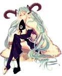  animal_slippers bad_id bad_pixiv_id detached_sleeves green_eyes green_hair hatsune_miku horns hzrn_(ymj924) long_hair sheep sitting skirt smile solo thighhighs transparent_background twintails very_long_hair vocaloid 