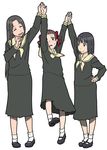  black_hair blush brown_hair closed_eyes drill_hair hair_ribbon half_updo hand_on_hip holding_hands lifting_person long_hair maria-sama_ga_miteru mary_janes multiple_girls ribbon school_uniform serafuku shoes short_hair simple_background smile socks surprised tekiji 