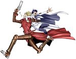  1girl blonde_hair blue_hair carrying cloak glasses gloves gun long_coat meryl_stryfe running shiga_sumito short_hair spiked_hair sunglasses trigun vash_the_stampede weapon 