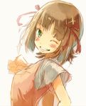  amami_haruka blush bob_cut brown_hair green_eyes grin hair_ribbon idolmaster idolmaster_(classic) lips one_eye_closed ribbon short_hair sketch smile solo upper_body yae_(mono110) 