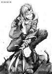  bandages belt blood blood_stain claws debris fingerless_gloves fur_trim gloves greyscale hetza_(hellshock) jacket kifa_(hetza) monochrome monster_girl nagai_gojitsudan_no_nechronica patch sharp_teeth short_hair simple_background skull solo squatting teeth torn_clothes white_background 