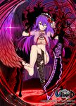 bad_id bad_pixiv_id barefoot blue_eyes breasts cleavage copyright_name elbow_gloves energy_sword feet flower gloves hair_flower hair_ornament headdress heterochromia large_breasts long_hair mouth_hold no_panties parted_lips purple_hair red_eyes rose solo sword thighhighs thighhighs_removed torn_clothes torn_legwear underboob unleashed weapon wings yuruto 