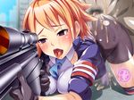  1girl ahegao breasts censored clothed_female_nude_male cum dieselmine drooling empty_eyes forced fucked_silly gun large_breasts magic necktie orange_hair purple_eyes rape restrained rifle sex short_hair sniper_rifle sweat tears tongue tongue_out weapon 