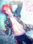 bad_id bad_pixiv_id blush cherry_blossoms free! jacket male_focus matsuoka_rin mj_(11220318) one_eye_closed open_mouth red_eyes red_hair sharp_teeth smile solo teeth 
