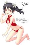  \m/ barefoot bikini black_hair blush cutie_panther dated flat_chest flower hair_flower hair_ornament haruken kneeling looking_at_viewer love_live! love_live!_school_idol_project navel open_mouth red_bikini red_eyes side-tie_bottom smile solo swimsuit text_focus translated twintails yazawa_nico 