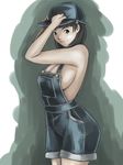  bad_id bad_pixiv_id baseball_cap black_hair breasts green_eyes hat hirayama_tooya kirigaya_suguha large_breasts naked_overalls overalls short_hair sideboob sword_art_online 