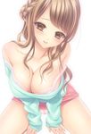  arm_support bad_id bad_pixiv_id bangs bare_shoulders blush bra braid breasts brown_eyes brown_hair cameltoe cleavage collarbone eyebrows_visible_through_hair lace lace_bra large_breasts long_hair looking_at_viewer momoi_komomo off_shoulder original panties parted_lips pink_bra pink_panties shiny shiny_skin simple_background sitting skirt smile solo strap_slip underwear white_background 