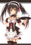  alternate_costume bare_shoulders black_hair black_legwear blush breasts cleavage clock_eyes date_a_live detached_collar dress enmaided garter_straps hairband hand_on_hip heterochromia lolita_fashion lolita_hairband long_hair looking_at_viewer maid maid_headdress medium_breasts red_eyes red_ribbon ribbon simple_background smile solo symbol-shaped_pupils terras thighhighs tokisaki_kurumi tray twintails waitress yellow_eyes 