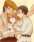  black_hair brown_hair danganronpa danganronpa_1 fujisaki_chihiro hug ishimaru_kiyotaka long_hair lying male_focus multiple_boys oowada_mondo overalls sleeping white_gakuran yamu_(chuuuu_xx) 