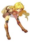  ahoge belt bent_over blonde_hair boots buckle buming fingerless_gloves full_body gloves hands_on_own_knees long_hair purple_eyes rwby skirt solo white_background yang_xiao_long 
