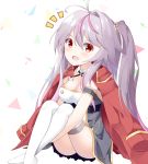  1girl :d absurdres antenna_hair azur_lane bangs blush breasts cleavage collar commentary_request crossed_ankles detached_collar dress eyebrows_visible_through_hair grenville_(azur_lane) grey_dress grey_hair hair_between_eyes hair_ornament highres jacket jacket_on_shoulders looking_at_viewer medium_breasts multicolored_hair no_shoes notice_lines one_side_up open_mouth purple_hair red_eyes red_jacket roido_(taniko-t-1218) smile solo strapless strapless_dress streaked_hair thighhighs white_collar white_legwear wing_collar 