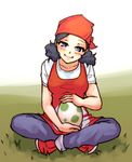  apron bandana black_hair blue_eyes blush egg indian_style long_hair monorus npc_trainer pokemon pokemon_(game) pokemon_breeder_(pokemon) sitting smile solo 