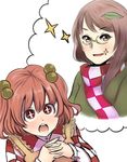  2girls apron bell brown_eyes brown_hair checkered futatsuiwa_mamizou futatsuiwa_mamizou_(human) glasses hair_bell hair_ornament hands_clasped leaf leaf_on_head motoori_kosuzu multiple_girls open_mouth orange_hair own_hands_together pince-nez puchiyuyoyo red_eyes scarf smile sparkle thought_bubble touhou twintails two_side_up 