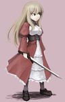  :&lt; blonde_hair corset dress frills hetza_(hellshock) long_hair looking_away red_eyes simple_background solo sword weapon 