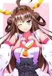  ahoge black_eyes braid brown_hair detached_sleeves hairband heart heart_hands japanese_clothes kantai_collection kongou_(kantai_collection) looking_at_viewer one_eye_closed ookami_maito ribbon-trimmed_sleeves ribbon_trim smile solo 
