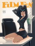 adjusting_hair bare_legs barefoot black_hair breasts chair cleavage cover flower green_eyes kyu-bum_lee lips lipstick long_hair magazine_cover makeup making_of midriff navel office_chair on_table orchid original sitting skirt slender_waist solo table toes vase wariza 