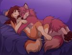  anthro bed brown_eyes brown_fur canine couple cuddling dog duo embrace female fox fur hug keihound kiro male mammal nude red_fur riley 