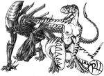  alien_(franchise) black_and_white breasts dinosaur female gun monochrome nipples non-mammal_breasts plain_background predaguy ranged_weapon scalie theropod tongue topless tyrannosaurus_rex weapon white_background xenomorph 