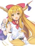  belt blonde_hair bow fang gourd hair_bow horn_ribbon horns ibuki_suika long_hair looking_at_viewer low-tied_long_hair makai_penguin open_mouth ribbon shirt sleeveless sleeveless_shirt smile solo touhou upper_body very_long_hair wrist_cuffs yellow_eyes 