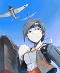  aircraft airplane b6n_tenzan black_eyes black_hair chitose_(kantai_collection) clenched_hand headband hetza_(hellshock) japanese_clothes kantai_collection pale_skin ship solo tassel torpedo turret watercraft 