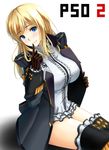  blonde_hair blue_eyes blush breasts copyright_name epaulettes finger_to_mouth frills gayprince gender_pirate gloves head_tilt highres jacket large_breasts long_hair open_clothes open_jacket phantasy_star phantasy_star_online_2 sitting smile solo thighhighs 