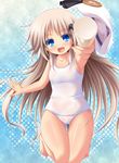  absurdres blue_eyes fang food hat hat_removed headwear_removed highres little_busters! long_hair mizunoe_kotaru noumi_kudryavka one-piece_swimsuit popsicle school_swimsuit silver_hair swimsuit white_school_swimsuit white_swimsuit 