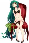  :&lt; absurdly_long_hair bare_shoulders bikini bikini_pull black_bikini blush bow chair frilled_bikini frills full_body gatchaman_crowds green_eyes green_hair hair_bow hato_haru head_tilt high_heels highres leg_garter long_hair looking_at_viewer low-tied_long_hair navel no_socks open_mouth pulled_by_self sitting solo swimsuit triangle_mouth utsutsu very_long_hair 