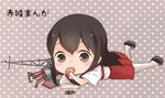  akagi_(kantai_collection) arrow bad_id bad_pixiv_id big_head brown_eyes brown_hair chibi closed_mouth eating japanese_clothes kantai_collection long_hair looking_at_viewer mofumoffua solo translated 