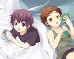  2boys bed bed_sheet blanket boxers briefs brown_eyes brown_hair card cards child clock highres indoors looking_at_viewer male male_focus multiple_boys oginy open_mouth pillow playing_card purple_eyes purple_hair shirt short_hair shorts sleeveless sleeveless_shirt t-shirt underwear 