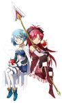  apple bad_id bad_pixiv_id black_legwear blue_eyes blue_hair bow cape character_name crayon25 food fruit gloves hair_bow hair_ornament hairclip long_hair magical_girl mahou_shoujo_madoka_magica mahou_shoujo_madoka_magica_movie miki_sayaka multiple_girls polearm ponytail red_eyes red_hair sakura_kyouko short_hair spear thighhighs weapon white_gloves white_legwear 