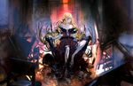  blonde_hair breasts chair cleavage dress elbow_gloves fire fur_trim gloves goggles gorilla_(mushimushiland) helmet high_heels kiss-shot_acerola-orion_heart-under-blade long_hair medium_breasts monogatari_(series) pointy_ears sitting skull sleeveless solo strapless strapless_dress table torn_clothes yellow_eyes 