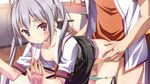  1boy 1girl censored down_blouse downblouse game_cg indoors kamine_mashiro long_hair material_brave nipple_slip nipples panties penis school_uniform silver_hair sumata thigh_sex twintails underwear uniform 