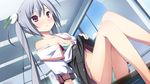  1girl blush bra breasts female game_cg gray_hair grey_hair kamine_mashiro kikuchi_seiji legs material_brave nipples open_clothes open_shirt panties school_uniform seifuku shirt sitting skirt skirt_lift solo twintails underwear upskirt 