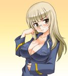  alternate_breast_size blonde_hair blush breasts cleavage covered_nipples glasses large_breasts long_hair looking_at_viewer military military_uniform mirutsu_(milts) perrine_h_clostermann solo strike_witches uniform world_witches_series yellow_background yellow_eyes 