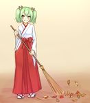  blush broom gj-bu green_eyes green_hair hair_ornament hakama highres japanese_clothes kannazuki_tamaki leaf miko monorus red_hakama sandals short_hair short_twintails smile solo tabi twintails 