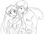  1girl bishoujo_senshi_sailor_moon blush double_bun greyscale heart juuban_high_school_uniform lineart long_hair miu_(pixiv106790) monochrome school_uniform seiya_kou serafuku short_hair simple_background star tsukino_usagi twintails upper_body white_background 