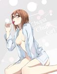  bad_id bad_pixiv_id bare_legs barefoot breasts brown_eyes brown_hair candy dress_shirt dutch_angle food highres licking lollipop medium_breasts naked_shirt open_clothes open_shirt original shirt sitting solo tongue tongue_out wariza yahako 