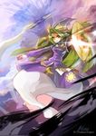  blush bow capelet card character_name clear_echoes crescent ghost_tail green_eyes green_hair hat highres long_hair long_sleeves looking_at_viewer mima open_mouth skirt skirt_set smile solo spell_card staff sun_(symbol) touhou touhou_(pc-98) vest wings wizard_hat 