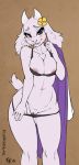  2018 5_fingers anthro blush bovid bra breasts caprine clothing fangs female flower fluff-kevlar fur goat looking_at_viewer mammal nipples panties plant purple_eyes pussy short_tail toriel undertale underwear undressing video_games white_fur 