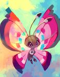  bug butterfly flying full_body gen_6_pokemon glitchedpuppet insect multicolored multicolored_background no_humans pink_wings pokemon pokemon_(creature) smile solo vivillon wings 