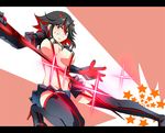  black_hair blush boots breasts clenched_teeth kill_la_kill large_breasts letterboxed matoi_ryuuko multicolored_hair nagare navel red_hair revealing_clothes scissor_blade scissors senketsu short_hair solo suspenders sword teeth thigh_boots thighhighs weapon 