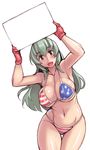  american_flag_bikini ass_visible_through_thighs bikini blush breasts cleavage flag_print gloves green_hair holding holding_sign large_breasts long_hair looking_at_viewer older open_mouth pink_eyes rozen_maiden sign skindentation smile solo suigintou swimsuit thigh_gap tsuda_nanafushi white_background 