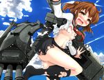  black_legwear blush breasts brown_hair cloud day highres inazuma_(kantai_collection) kantai_collection kneehighs long_sleeves nipples panties pussy school_uniform serafuku shirt skirt sky small_breasts solo sukesan torn_clothes torn_legwear torn_panties torn_shirt torn_skirt underwear white_panties 