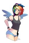  armband clothing ear_piercing eyebrow_piercing eyewear facial_piercing female freckles friendship_is_magic goggles hair hi_res human humanized makeup mammal multi-colored_hair my_little_pony navel piercing plain_background purple_eyes rainbow_dash_(mlp) rainbow_hair shirt short_hair shorts smile solo tank_top transparent_background wicklesmack wings 