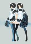  apron black_hair black_legwear blue_background bow bowtie full_body garter_straps hair_over_one_eye highres holding_hands interlocked_fingers legs maid maid_apron maid_headdress mechanical_arm multiple_girls original pump_(pumpqmuq) short_hair simple_background thighhighs zettai_ryouiki 