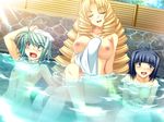  3girls bath bathing blonde_hair blue_hair blush breasts bunshuu drill_hair embarrassed enshou eyes_closed female game_cg ganryou green_hair koihime_musou large_breasts long_hair multiple_girls nipples onsen open_mouth saeki_hokuto shared_bathing short_hair towel water 